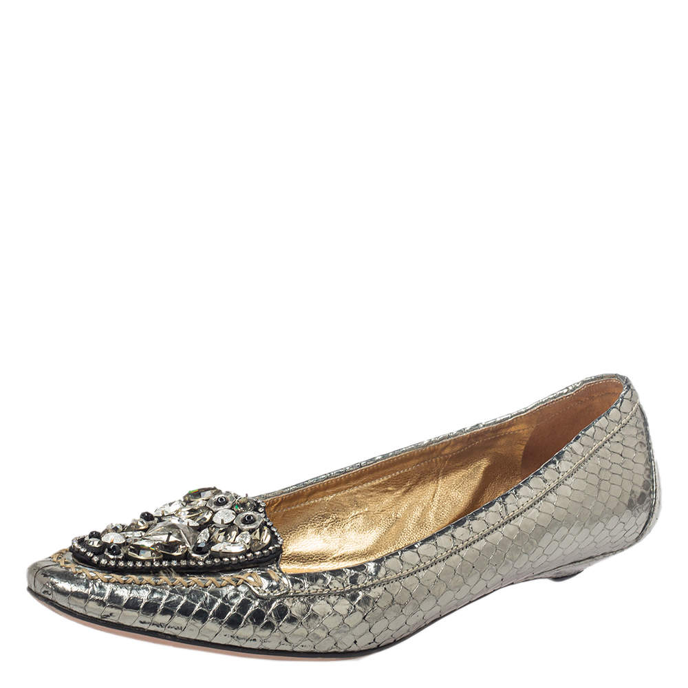 Prada Metallic Silver Snakeskin Embossed Leather Embellished Loafers Size 39