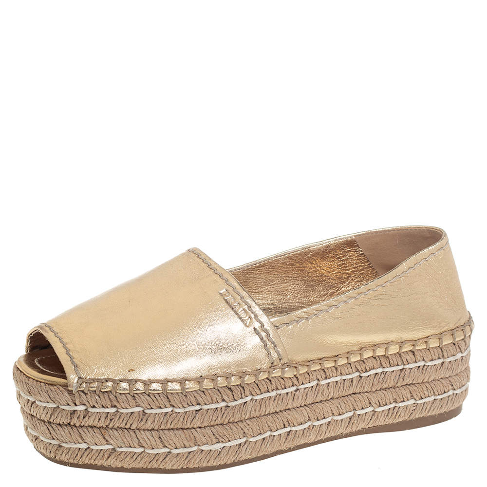 Pre Owned Prada Metallic Gold Leather Peep Toe Platform Espadrilles Size 36