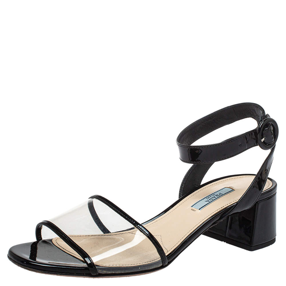 Prada Black Patent Leather And PVC Open Toe Sandals Size 39.5