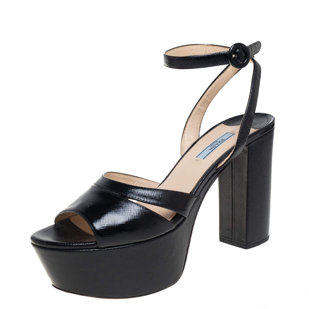 Pre Owned Prada Black Patent Leather Platform Block Heel Ankle Strap Sandals Size 42
