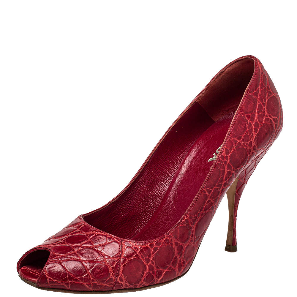 Prada Red Embossed Leather Peep Toe Pumps Size 40 Prada | TLC