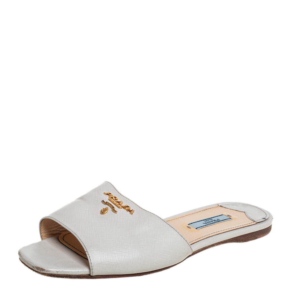 Pre Owned Prada White Saffiano Leather Flat Slides Size 38
