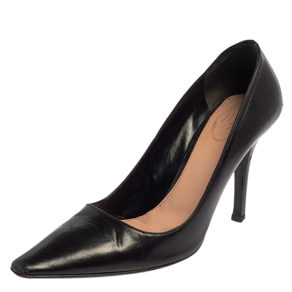 Pre Owned Prada Black Leather Slip On Pointed Toe Pumps Size 37.5