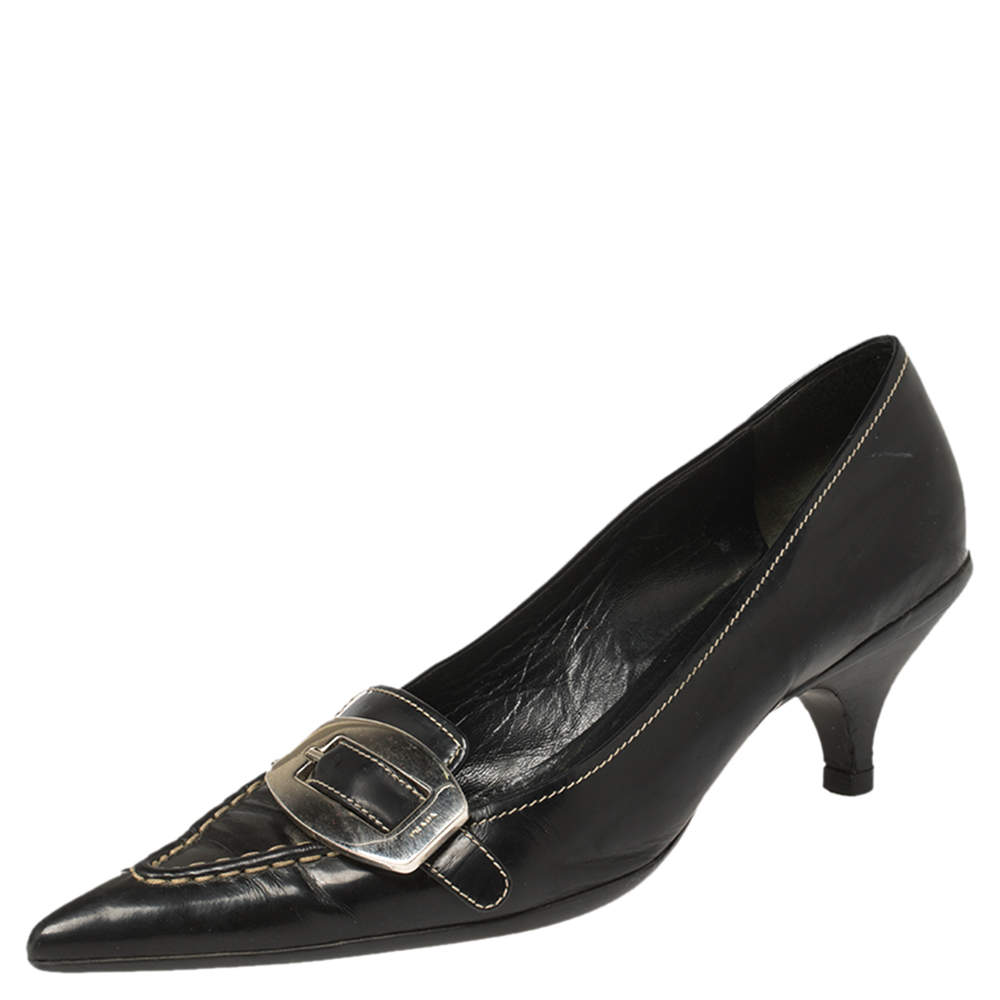 Prada Black Leather Buckle Pointed Toe Pumps Size 38.5