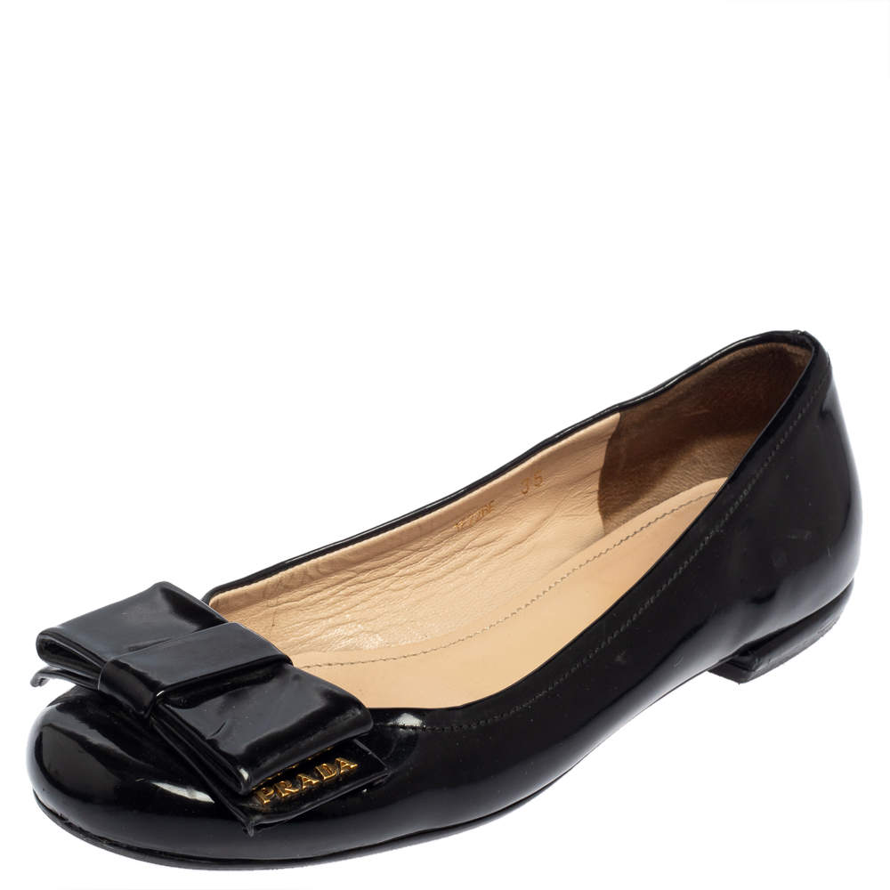 Pre Owned Prada Black Patent Leather Bow Ballet Flats Size 35
