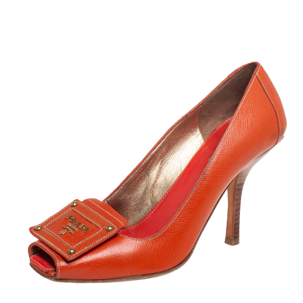 Pre Owned Prada Orange Leather Peep Toe Pumps Size 37.5