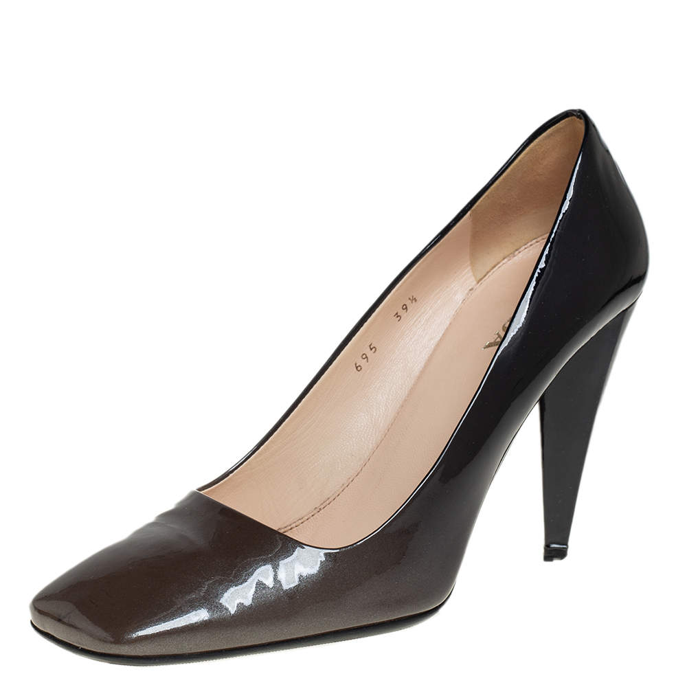 Pre Owned Prada Metallic Olive Green/Black Patent Leather Block Heel Pumps Size 39.5
