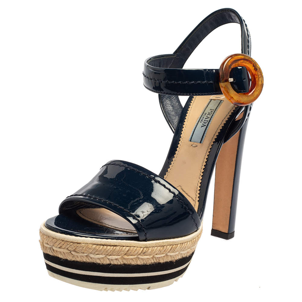 Pre Owned Prada Navy Blue Patent Leather Espadrille Platform Ankle Strap Sandals Size 40