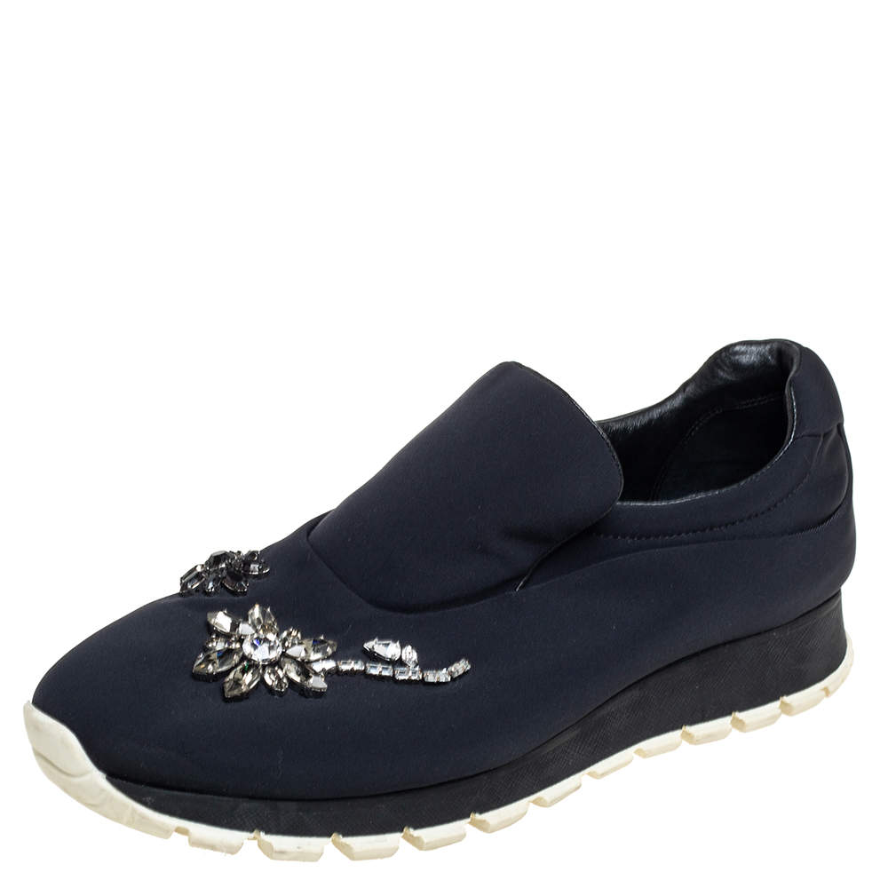 Pre Owned Prada Black Nylon Crystal Embellished Slip On Sneakers Size 37.5