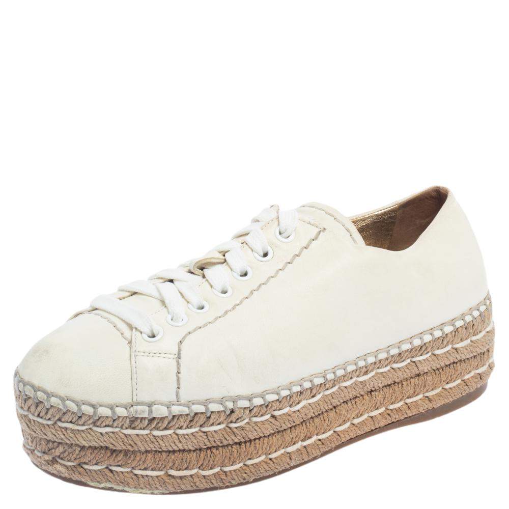 Pre Owned Prada White Leather Platform Espadrille Sneakers Size 37.5