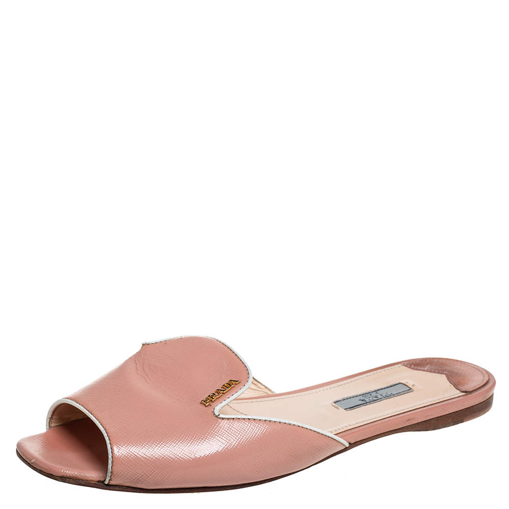 Pre Owned Prada Beige Patent Saffiano Leather Flat Slides Size 40