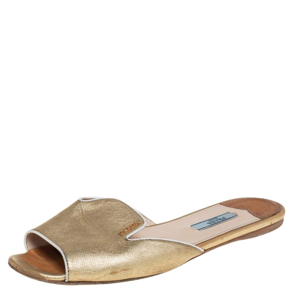 Pre Owned Prada Gold Saffiano Leather Flat Slides Size 38