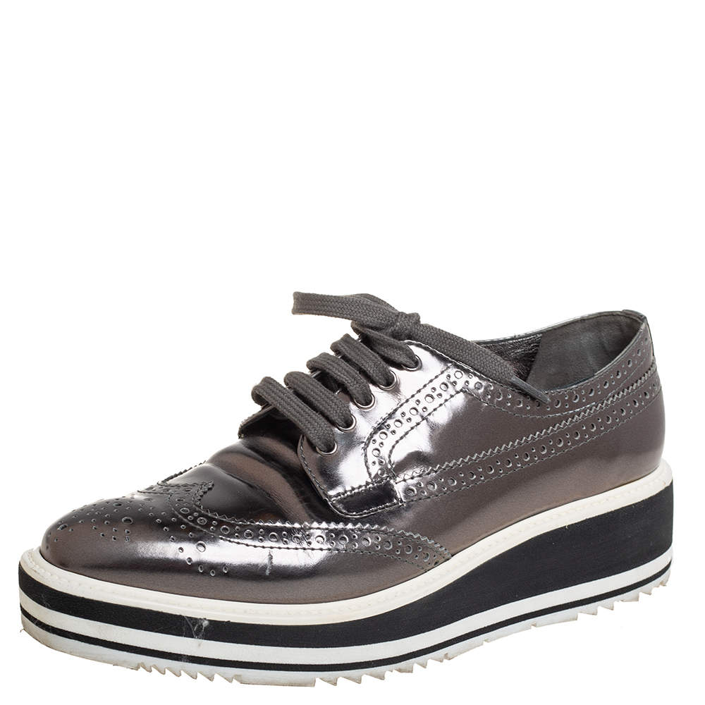 Prada Metallic Grey Brogue Leather Platform Lace Up Derby Size 36