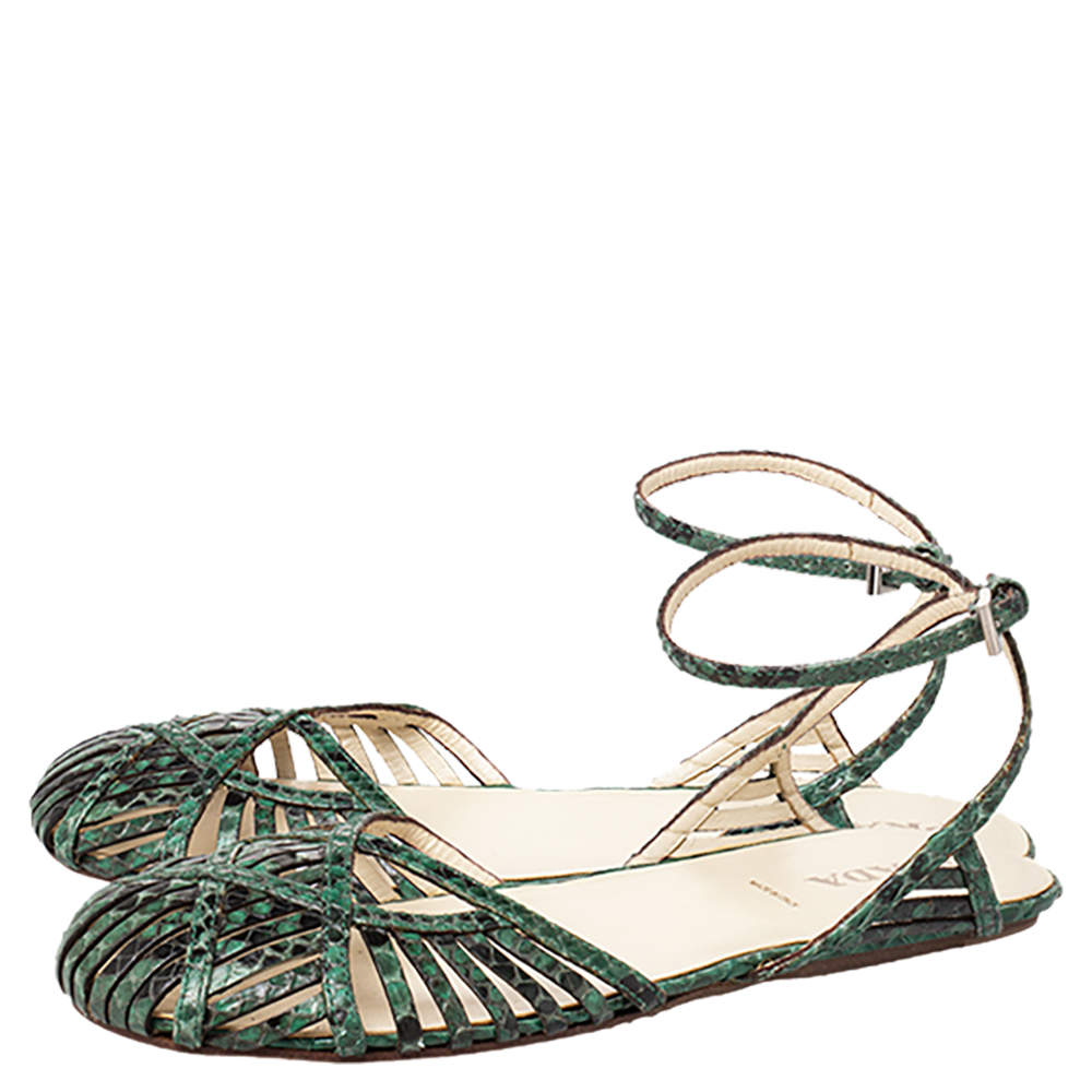 Prada Green/Black Python Flat Ankle Strap Sandals Size 37