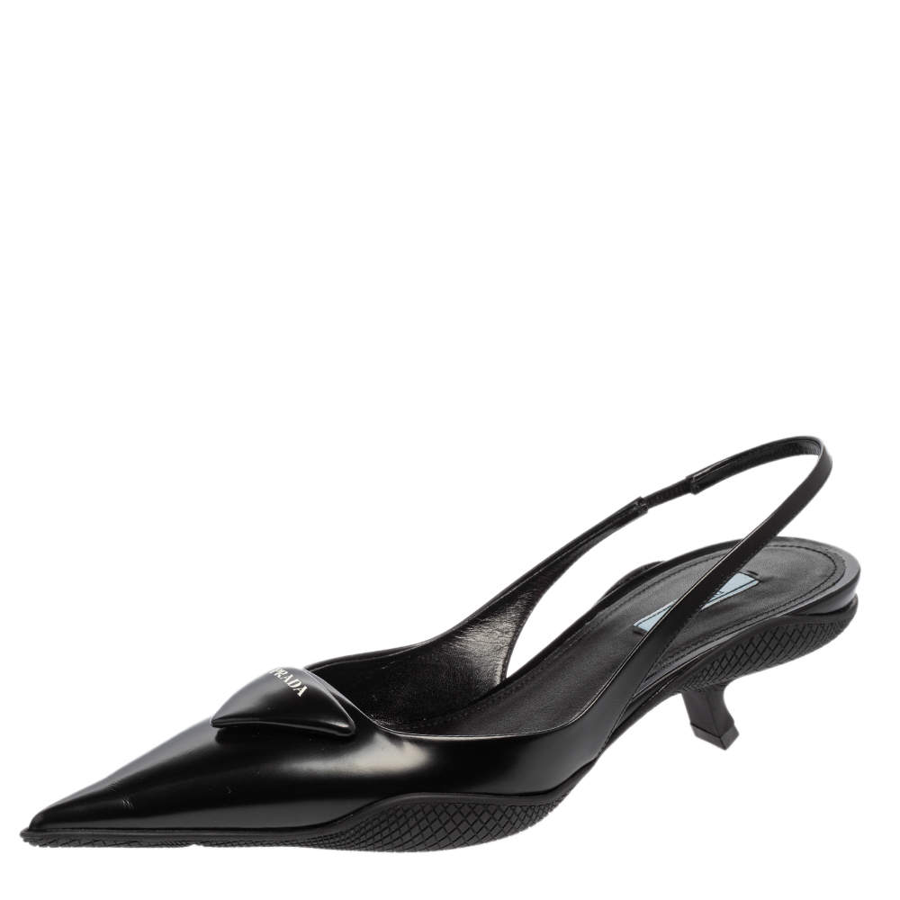 Prada Black Leather Triangle Logo Kitten Heel Slingback Sandals Size 40