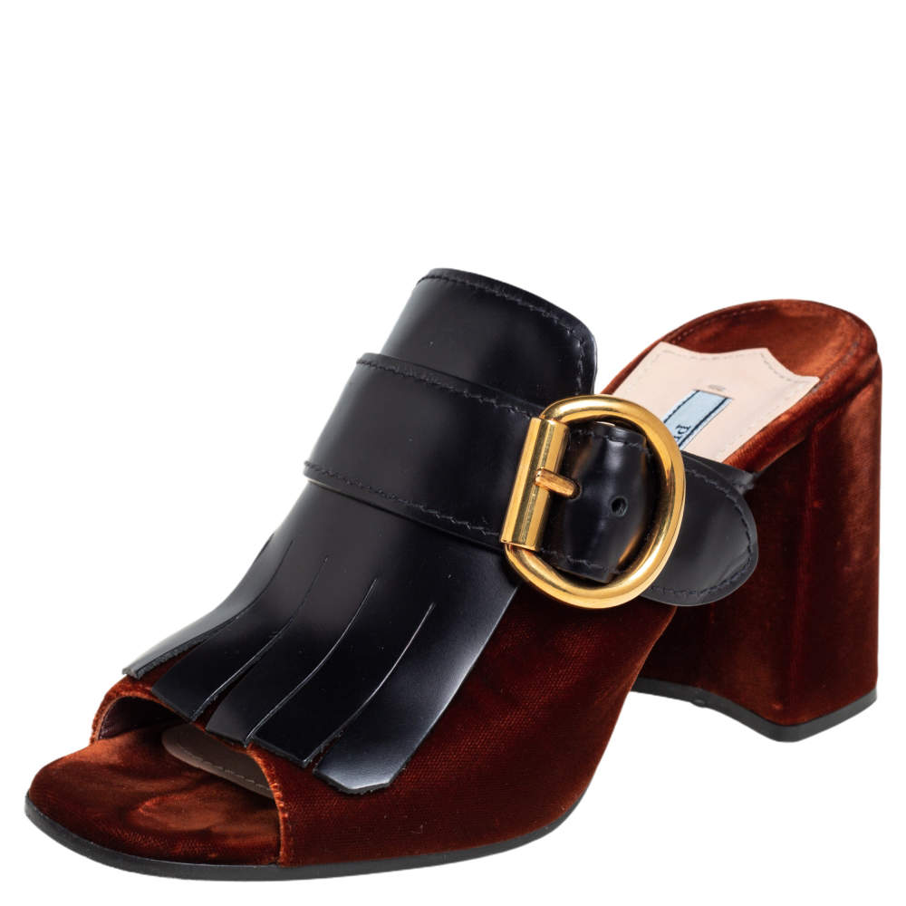 Pre Owned Prada Black/Brown Velvet and Leather Kiltie Mule Sandals Size 38.5