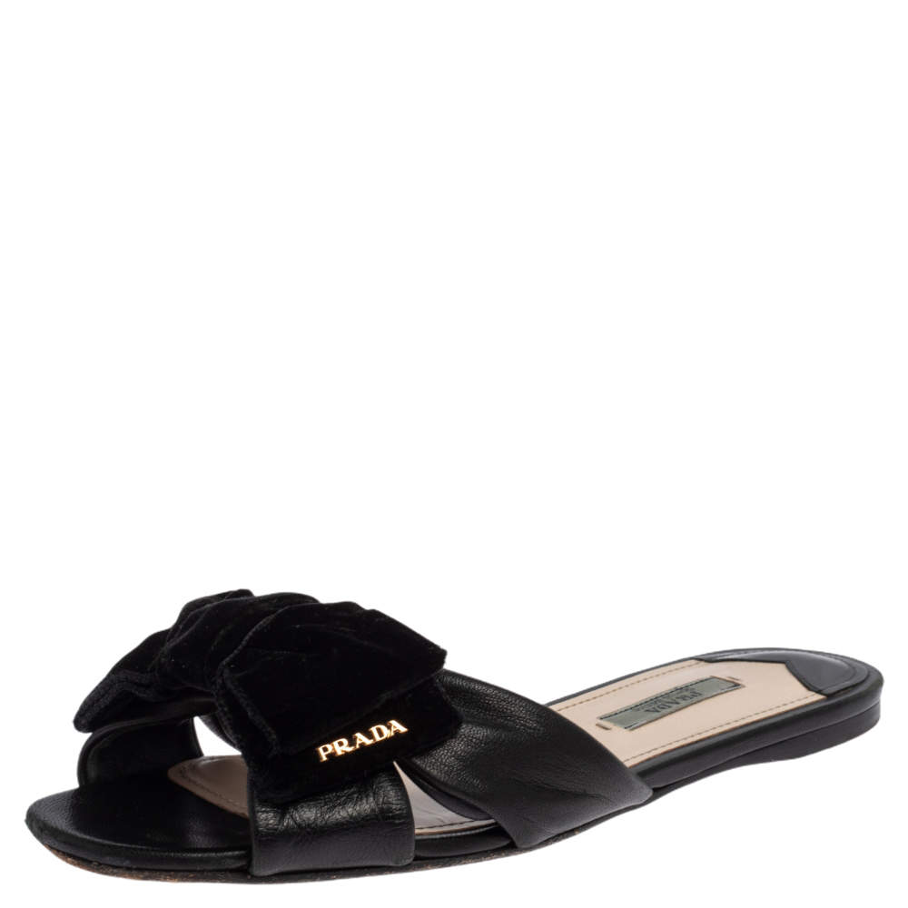 Prada Black Velvet and Leather Bow Slide Flat Size 38