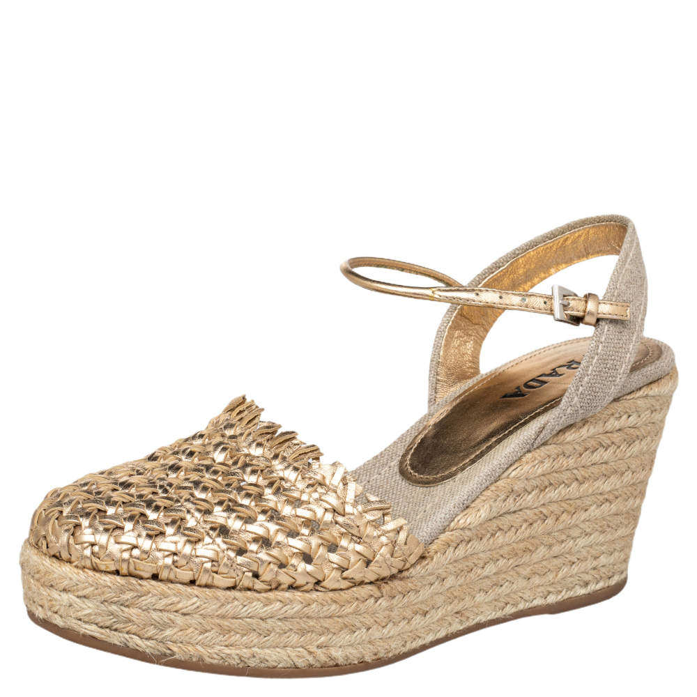 Prada Gold Woven Leather Wedge Platform Espadrille Sandals