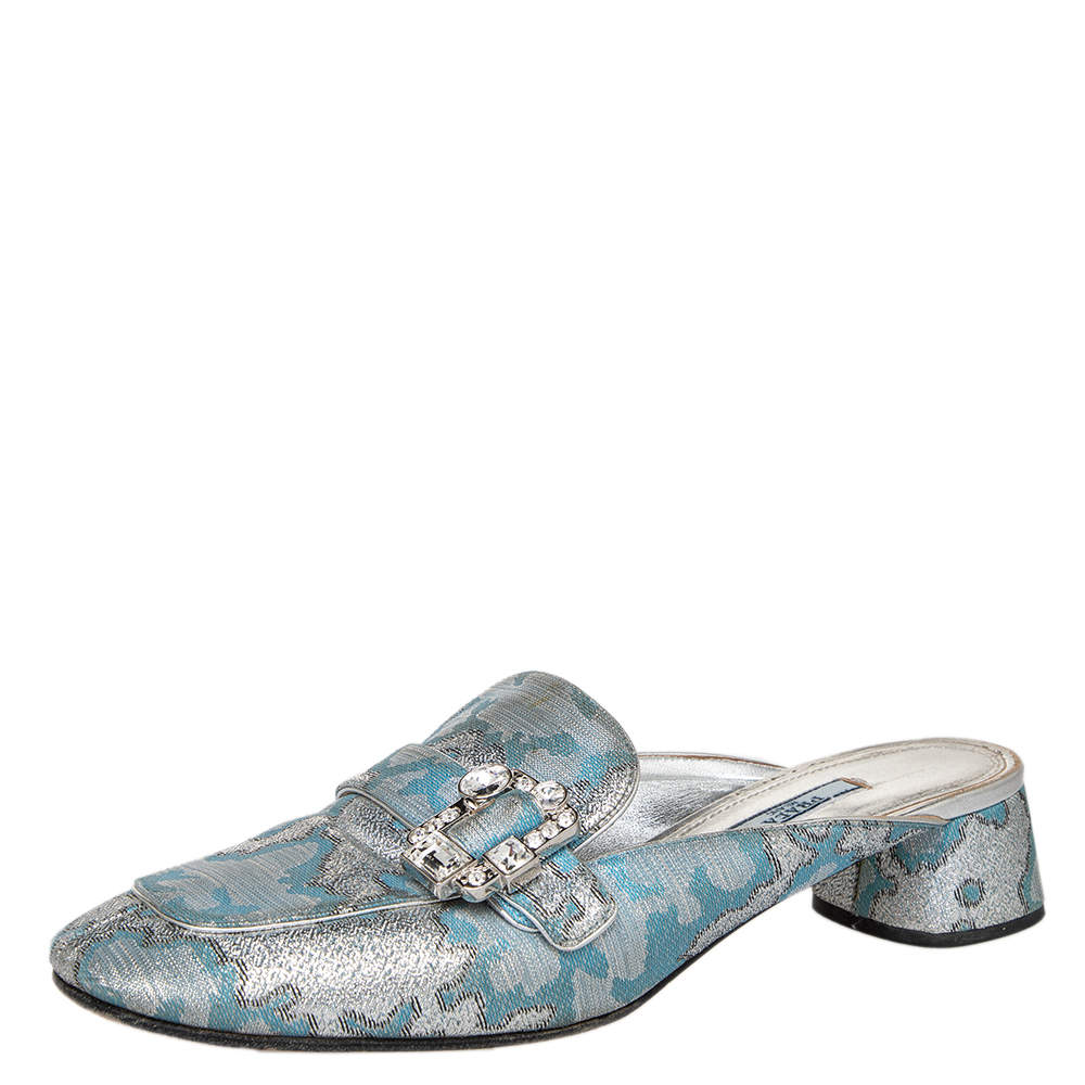 Pre Owned Prada Blue/Silver Brocade Fabric And Leather Crystal Buckle Mules Sandals Size 39.5
