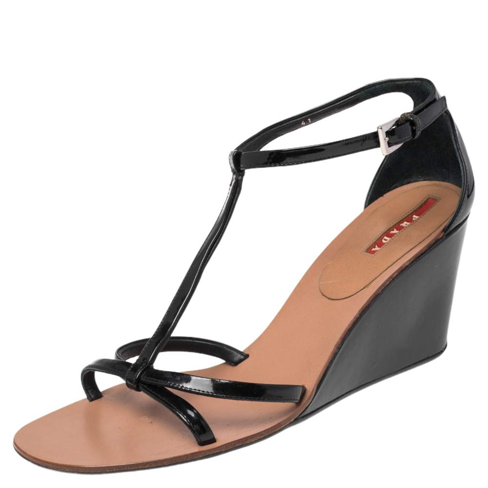 Pre Owned Prada Black Patent Leather Strappy Sandals Size 41