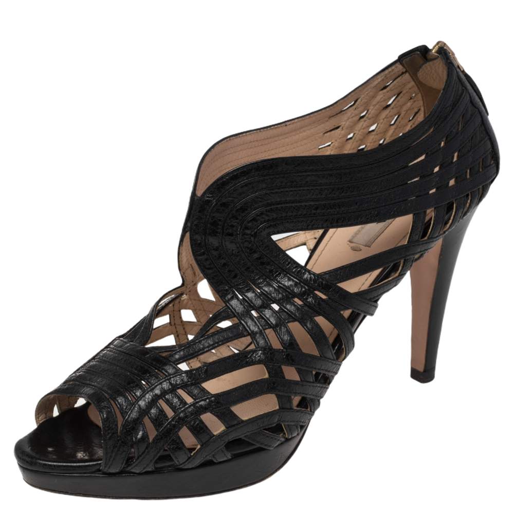 Pre Owned Prada Black Leather Peep Toe Ankle Strappy Zipper Booties Size 39.5