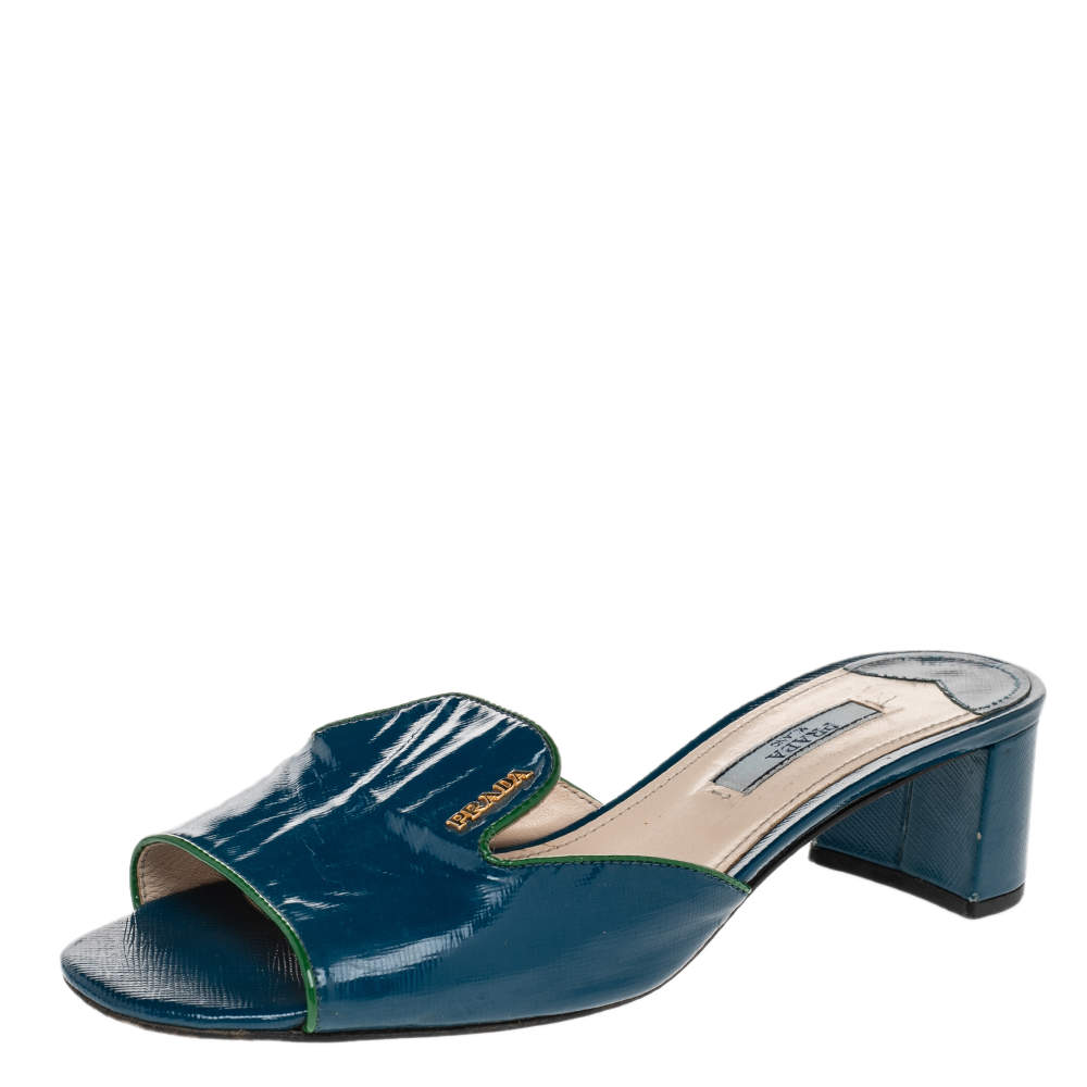 Pre Owned Prada Blue Patent Saffiano Leather Block Heel Slide Sandals Size 37