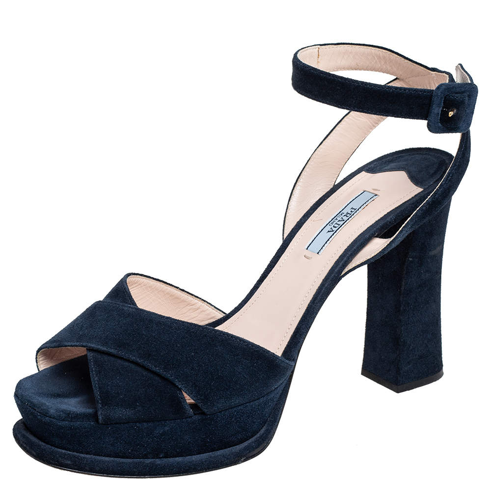 Pre Owned Prada Navy Blue Suede Ankle Strap Platform Sandals Size 40