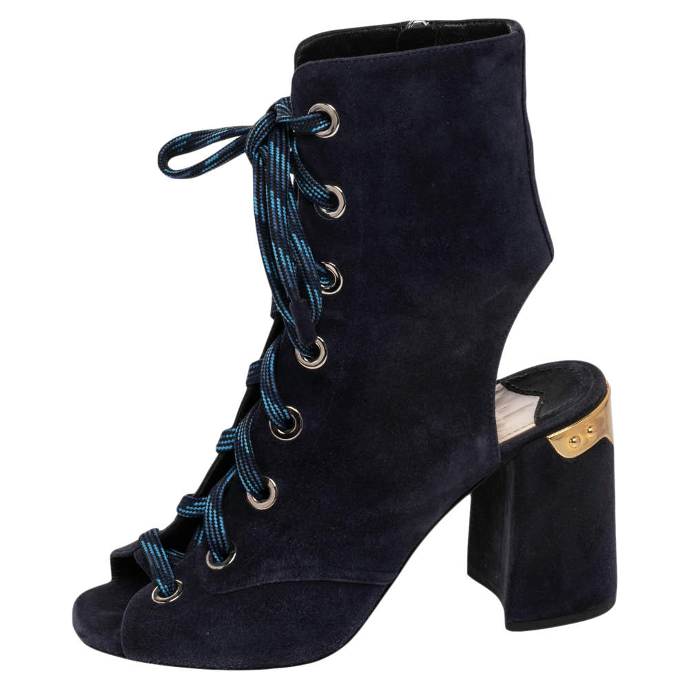 Prada Blue Suede Cut Out Lace Up Open Toe Block Heel Ankle Boots Size 36