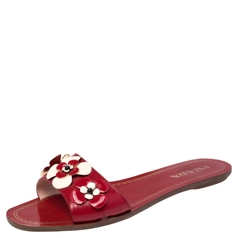 Pre Owned Prada Red Saffiano Leather Floral Embellished Flat Slides Size 37.5