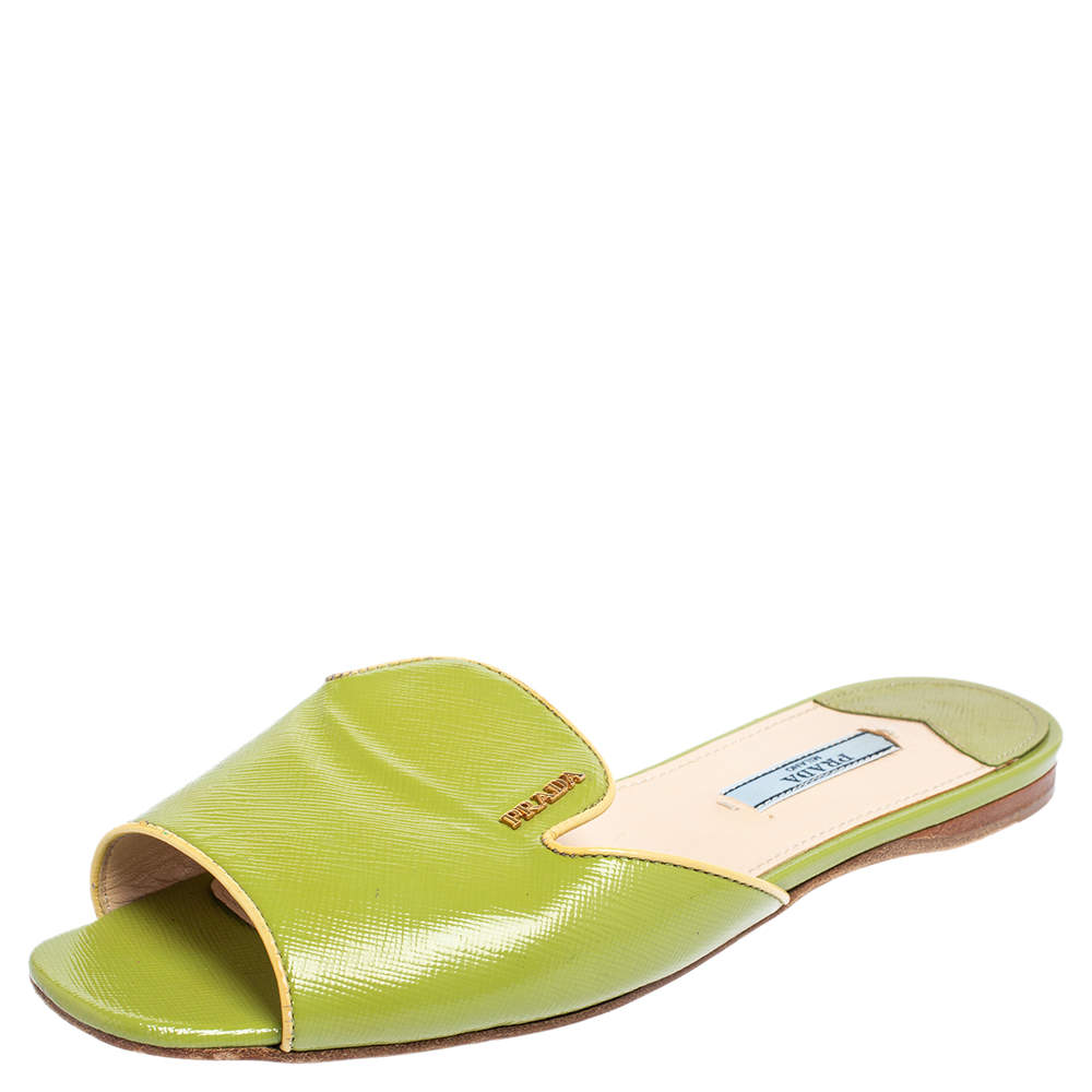 Pre Owned Prada Green Saffiano Patent Leather Slide Flats Size 37