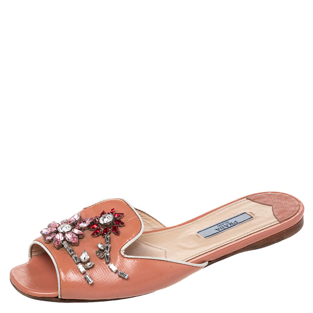 Pre Owned Prada Peach Saffiano Patent Leather Crystal Embellished Flat Slides Size 36
