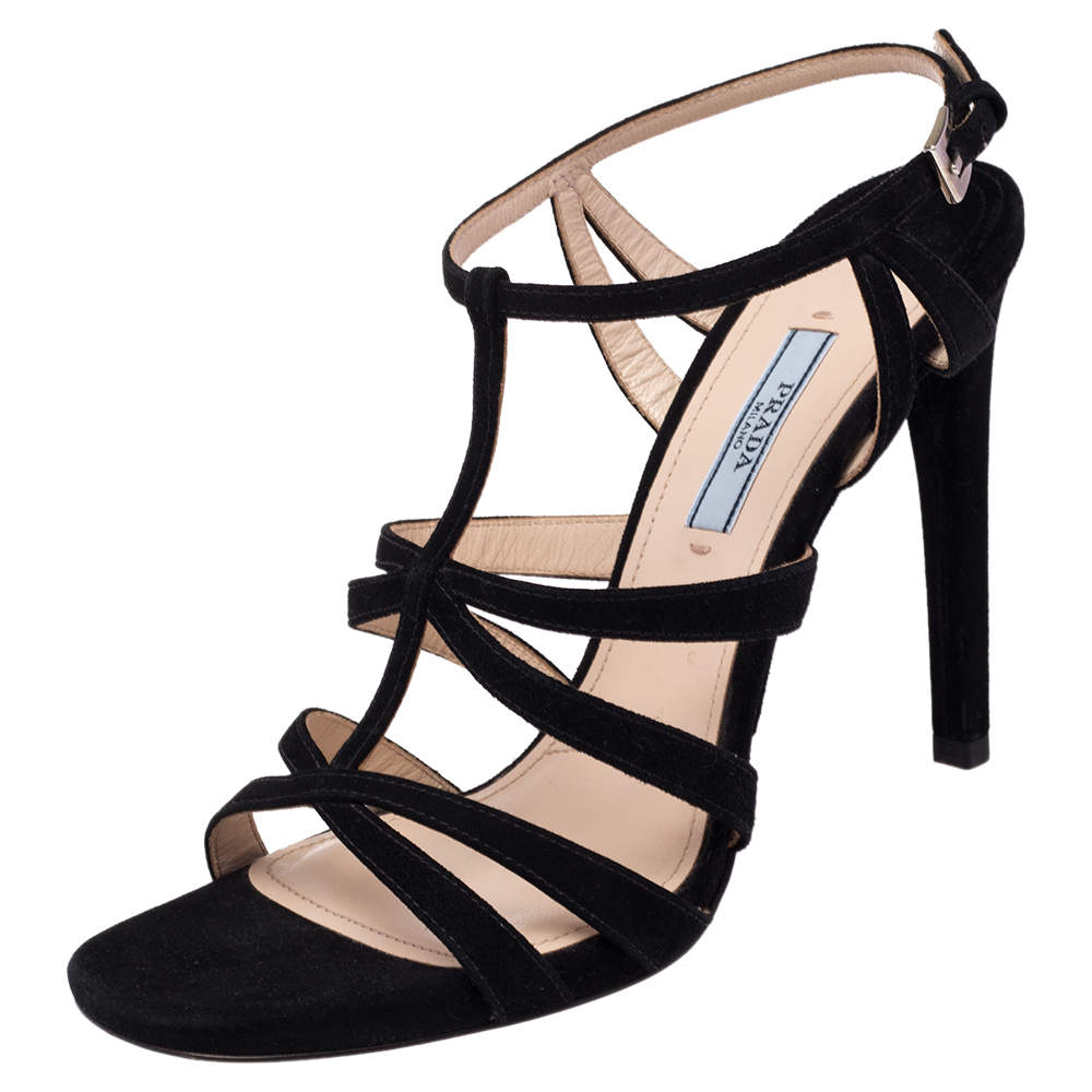 Pre Owned Prada Black Suede Cross T Strappy Sandals Size 39