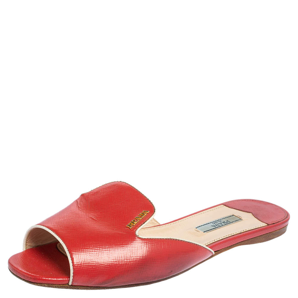 Prada Red Patent Leather Flat Slides Size 39 Prada TLC