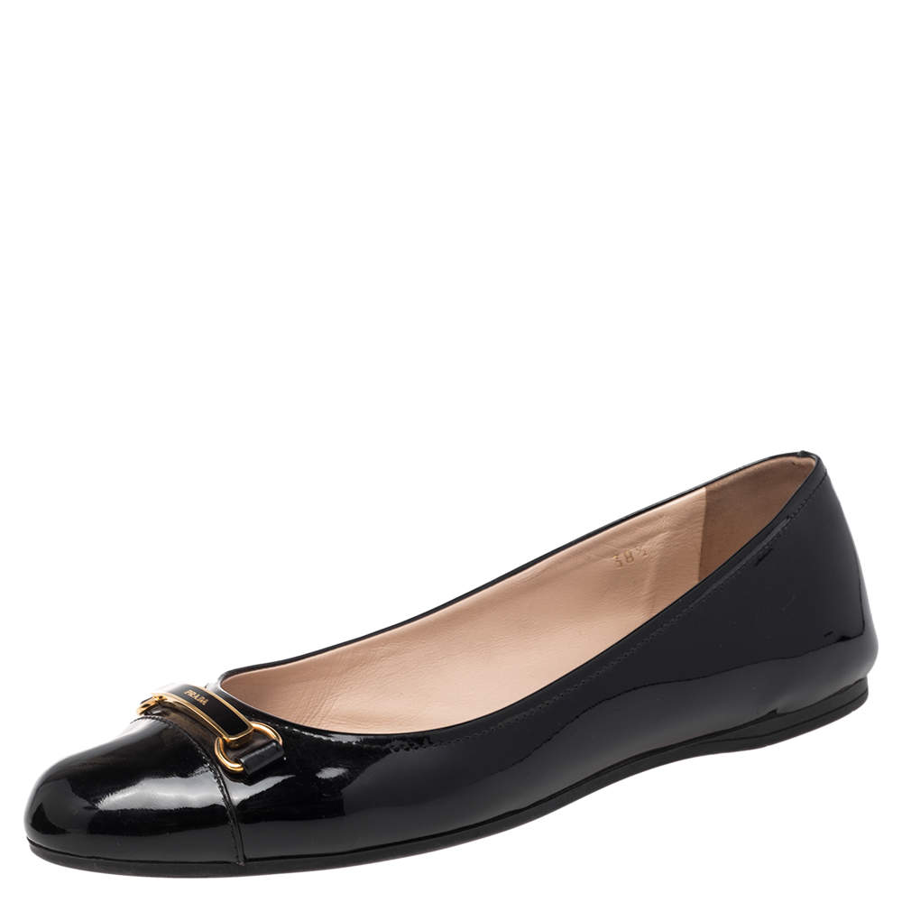 Pre Owned Prada Black Patent Leather Logo Bit Ballet Flats Size 38.5