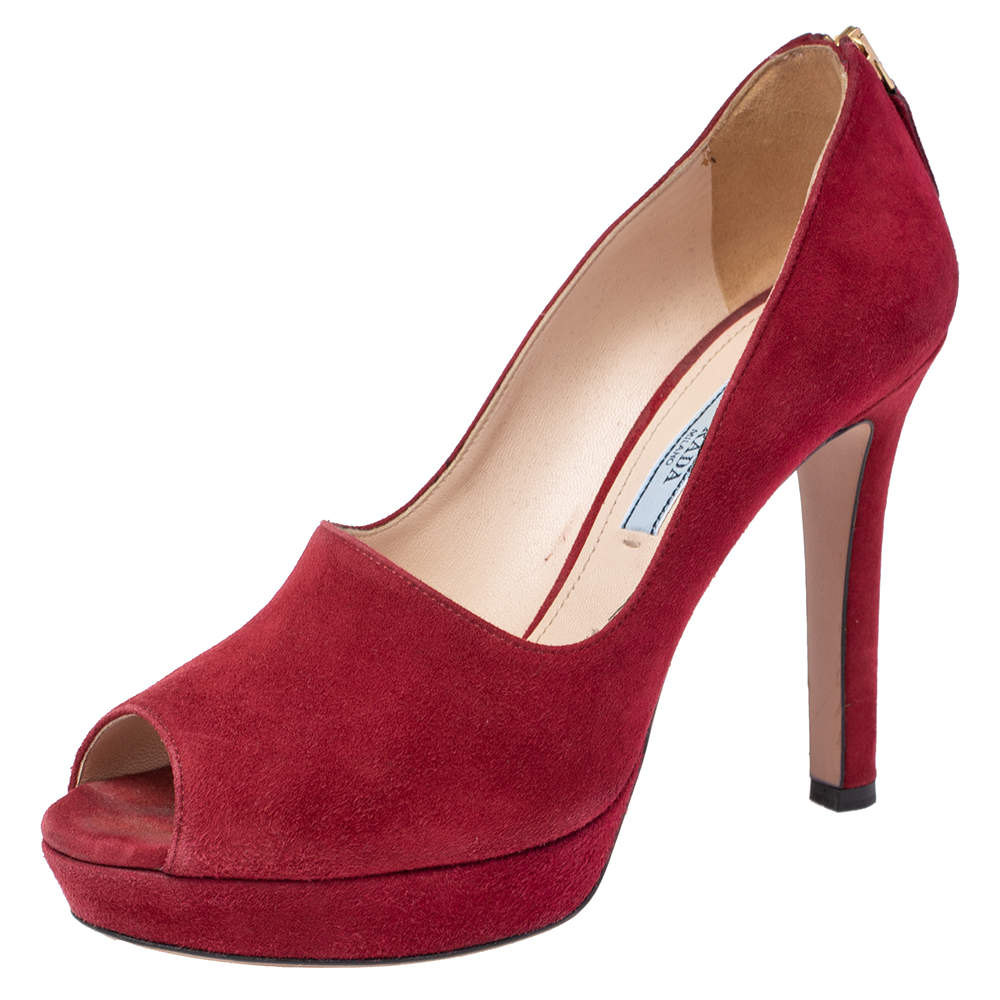 Pre Owned Prada Maroon Suede Peep Toe Platform Pumps Size 38