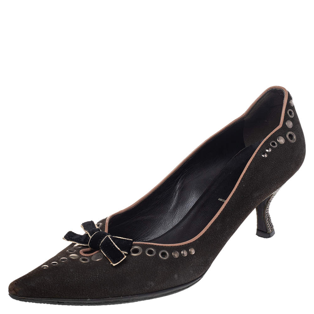 Pre Owned Prada Brown Nubuck Leather Studded Pointed Toe Pumps Size 37.5