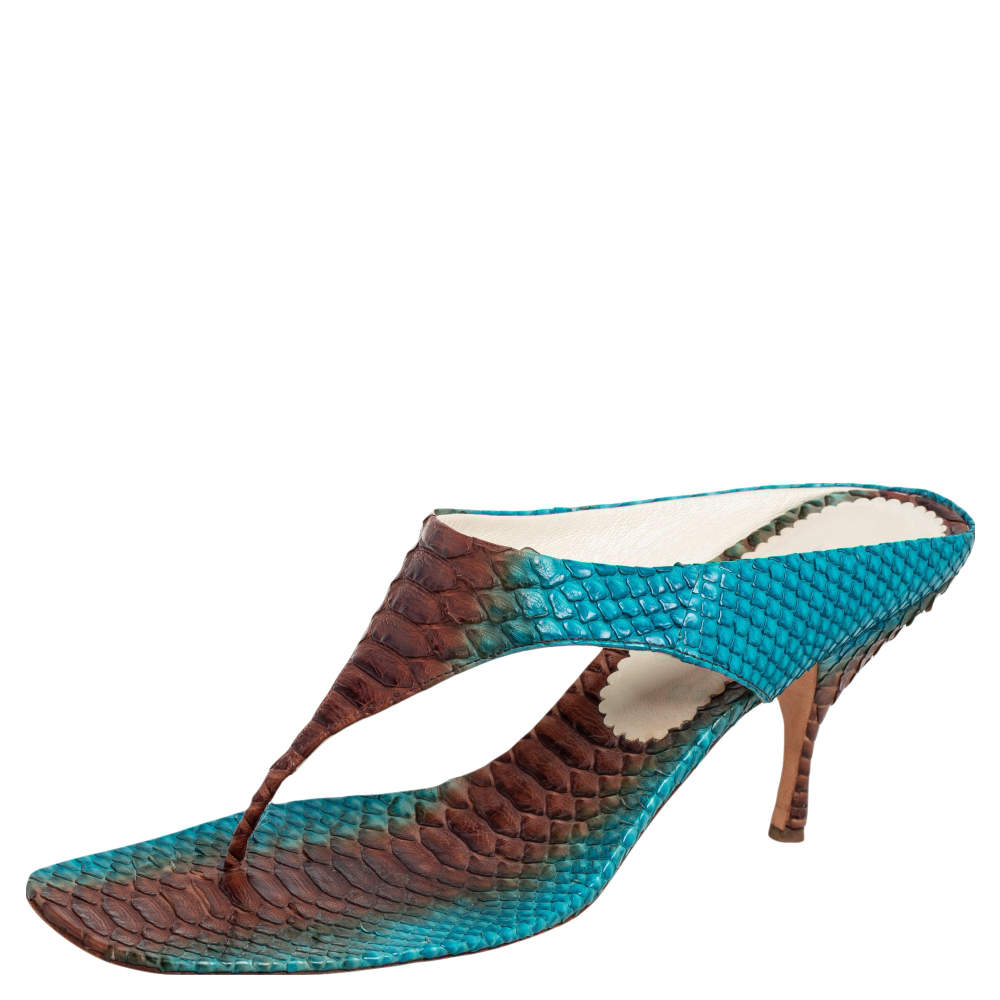 Prada Turquoise/Brown Python Thong Sandals Size 41