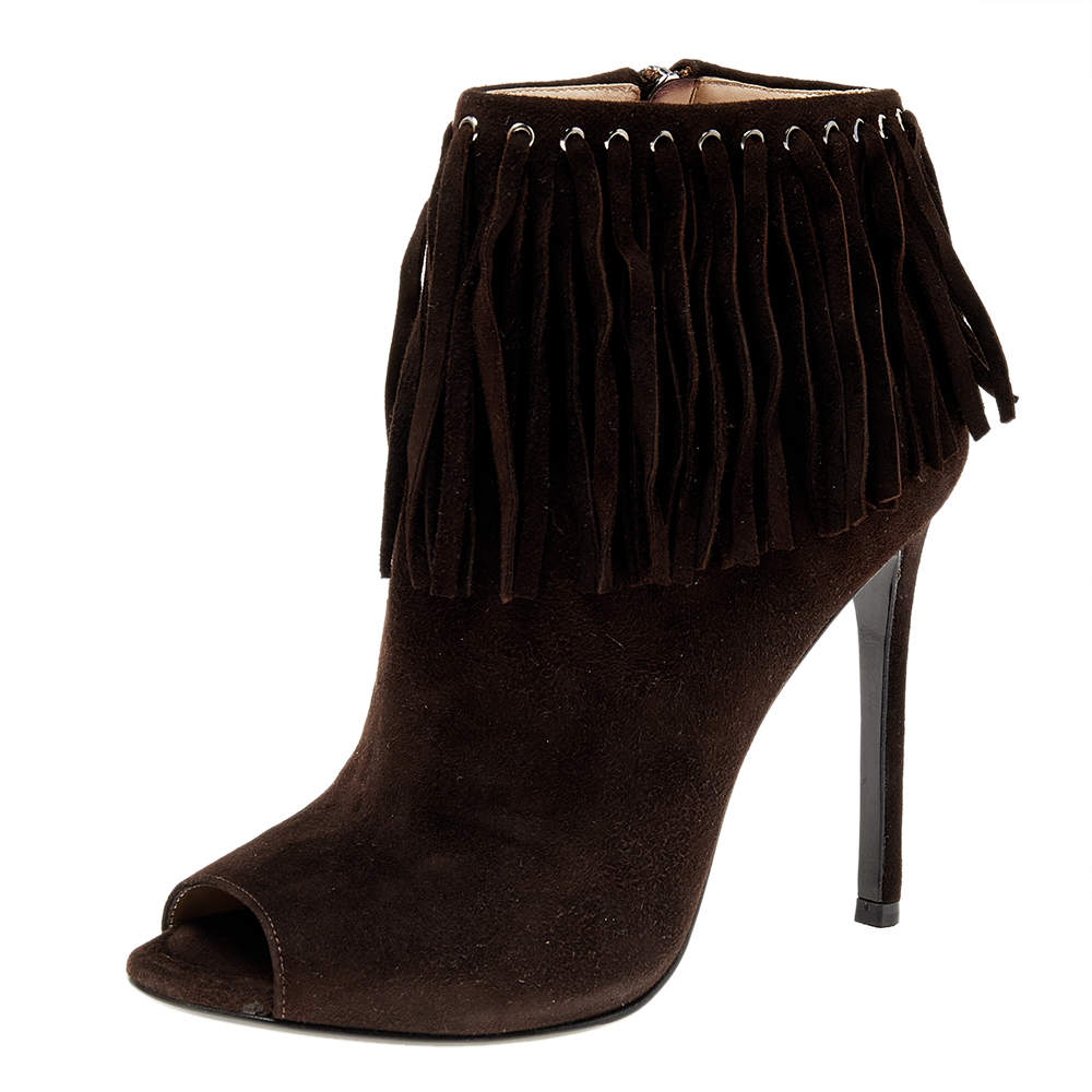 Pre Owned Prada Brown Suede Fringe Detail Peep Toe Ankle Boots Size 37