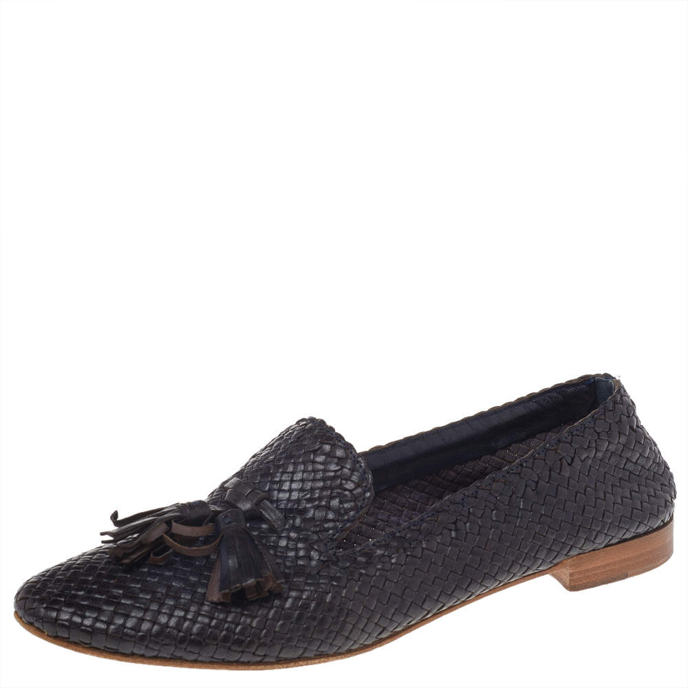 Pre Owned Prada Navy Blue Woven Madras Leather Tassel Smoking Slippers Size 38