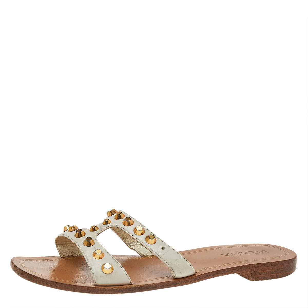 Pre Owned Prada Off White Leather Studded Flat Slides Size 41