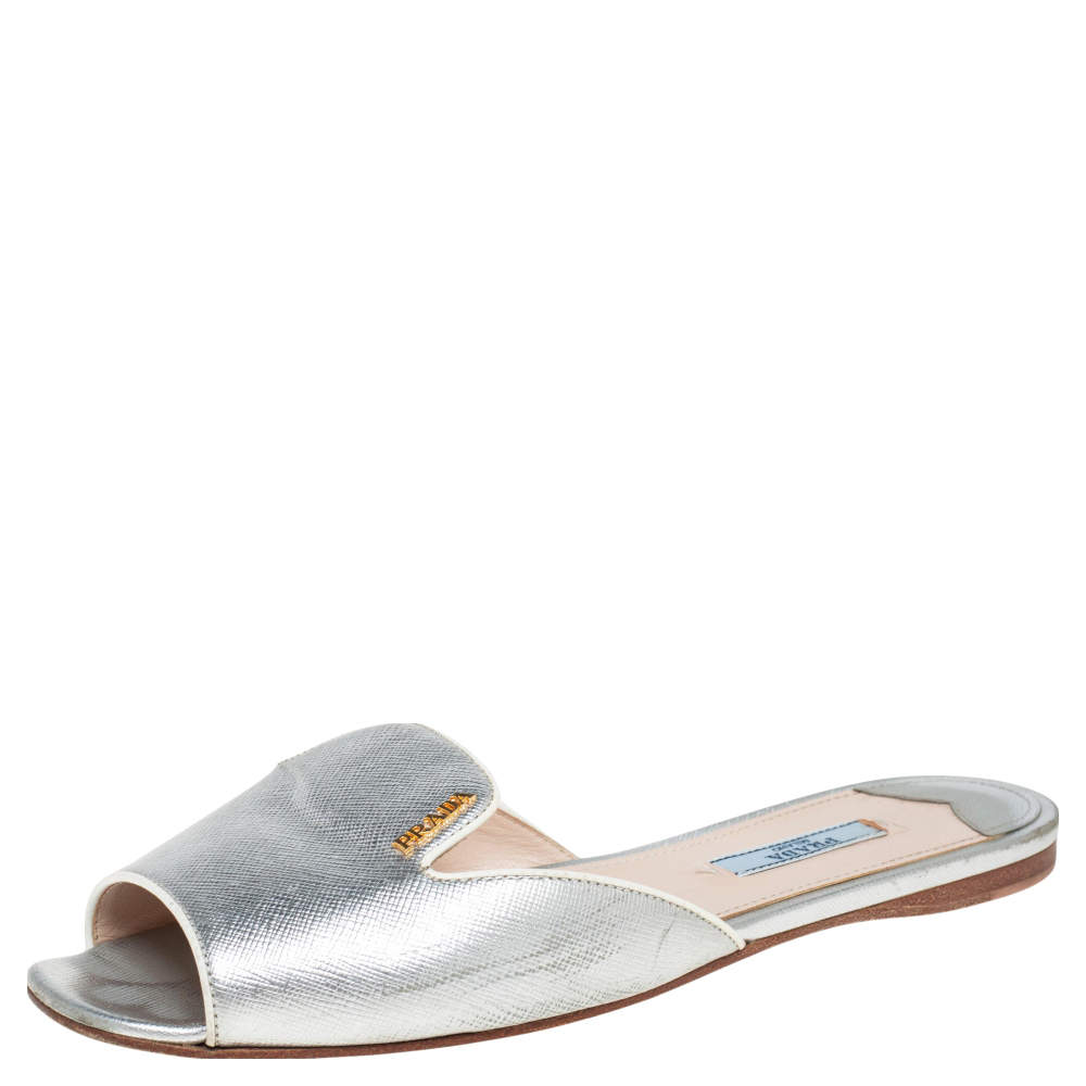Pre Owned Prada Silver Saffiano Leather Slide Flats Size 38.5