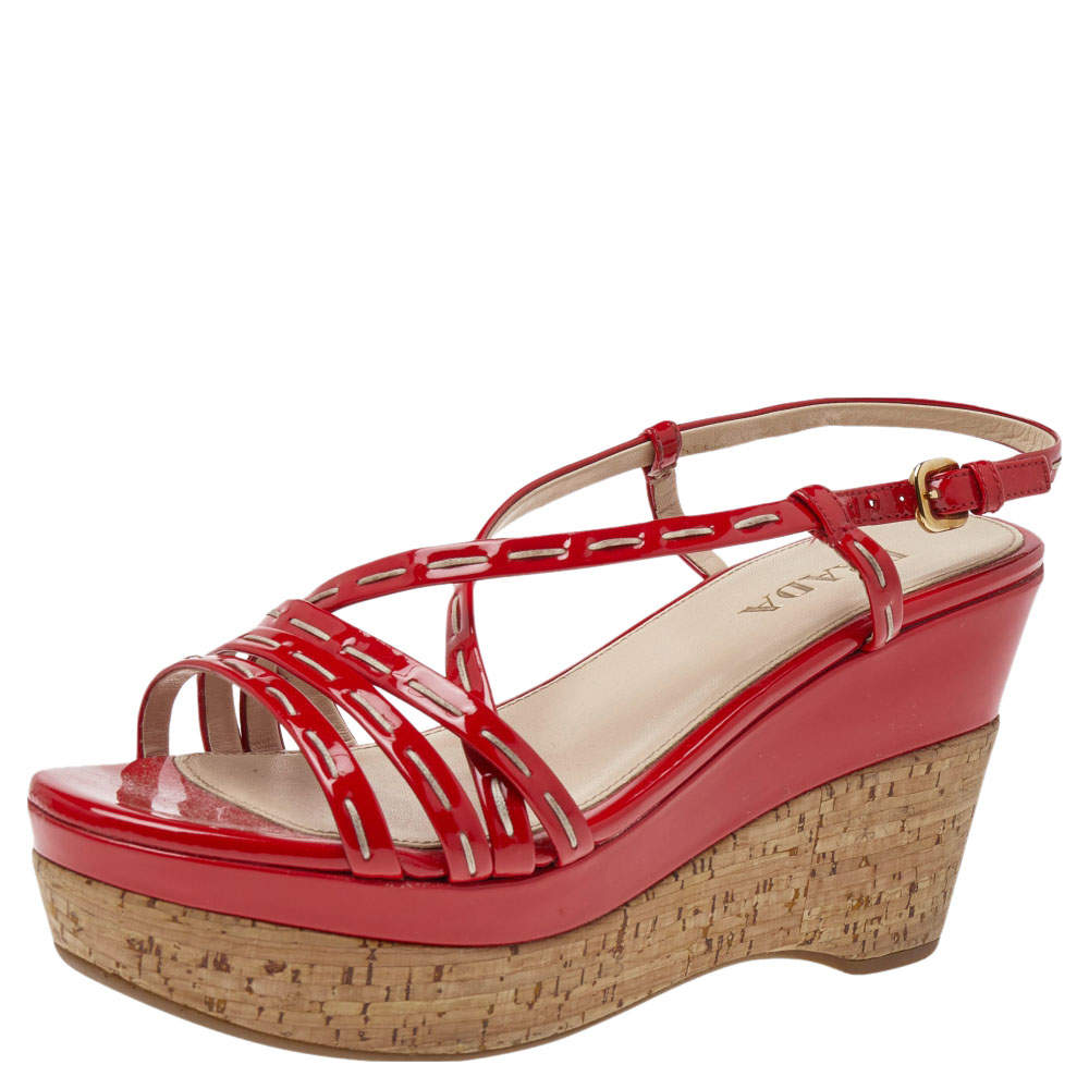 Pre Owned Prada Red Patent Leather Platform Sandals Size 37.5