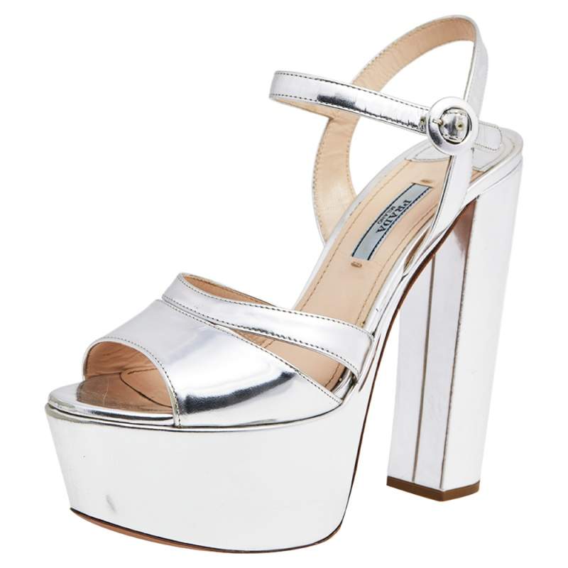 Prada Metallic Silver Leather Platform Block Heel Ankle Strap Sandals Size 38