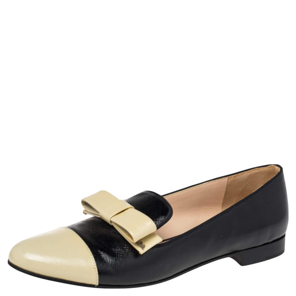 Pre Owned Prada Black/White Leather Bow Cap Toe Loafers Size 38
