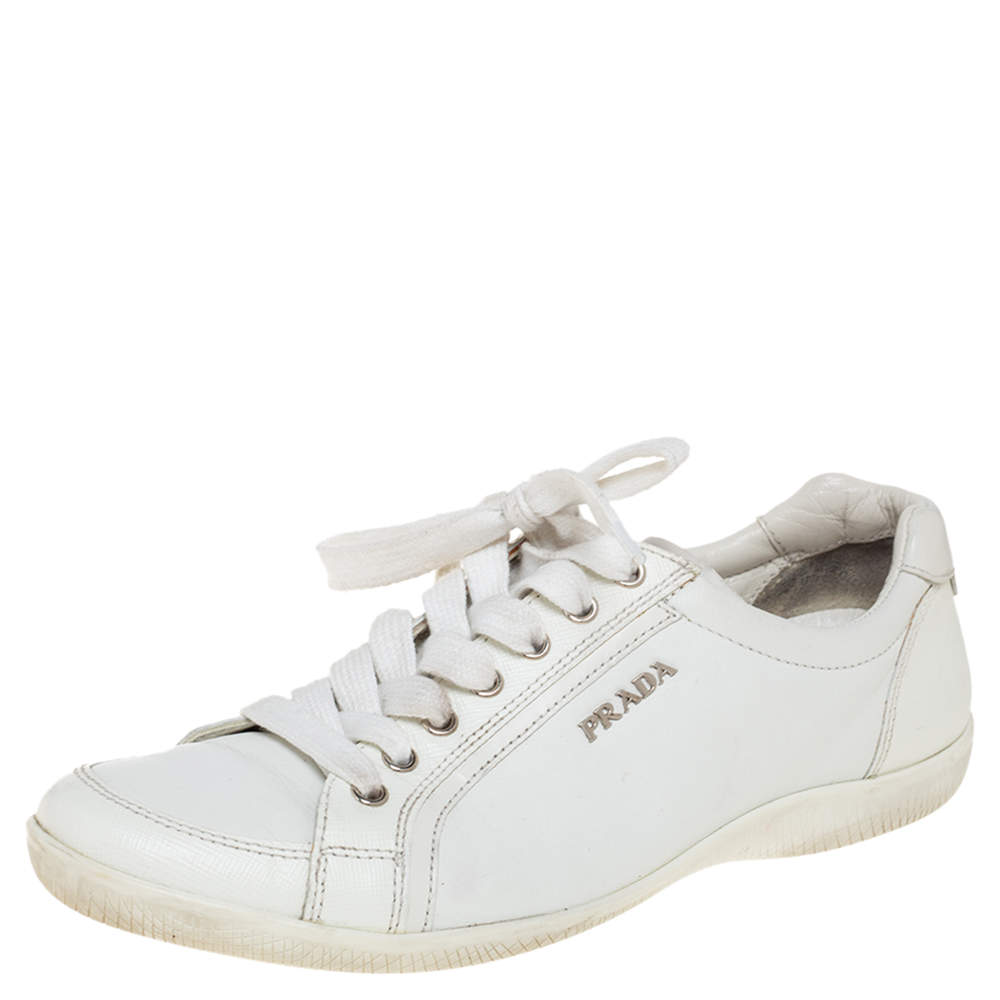 Pre Owned Prada White Leather Lace Up Trainer Sneakers Size 37