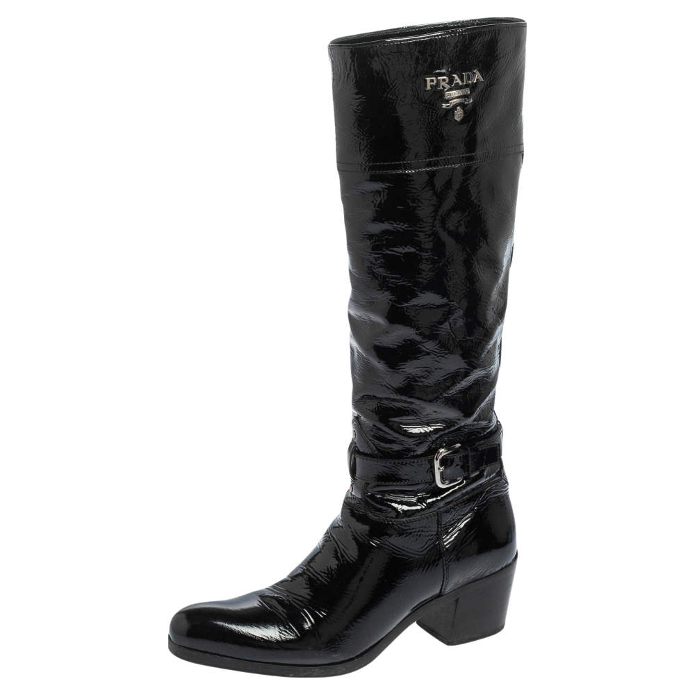 Pre Owned Prada Black Patent Leather Knee Length Boots Size 37