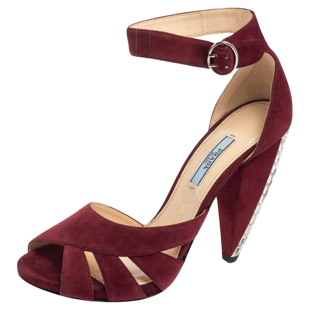 Pre Owned Prada Maroon Suede Crystal Embellished Heel Peep Toe Ankle Strap Sandals Size 39