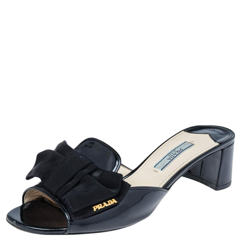 Prada Black Patent Saffiano Leather Bow Block Heel Slide Sandals Size 37  Prada | TLC