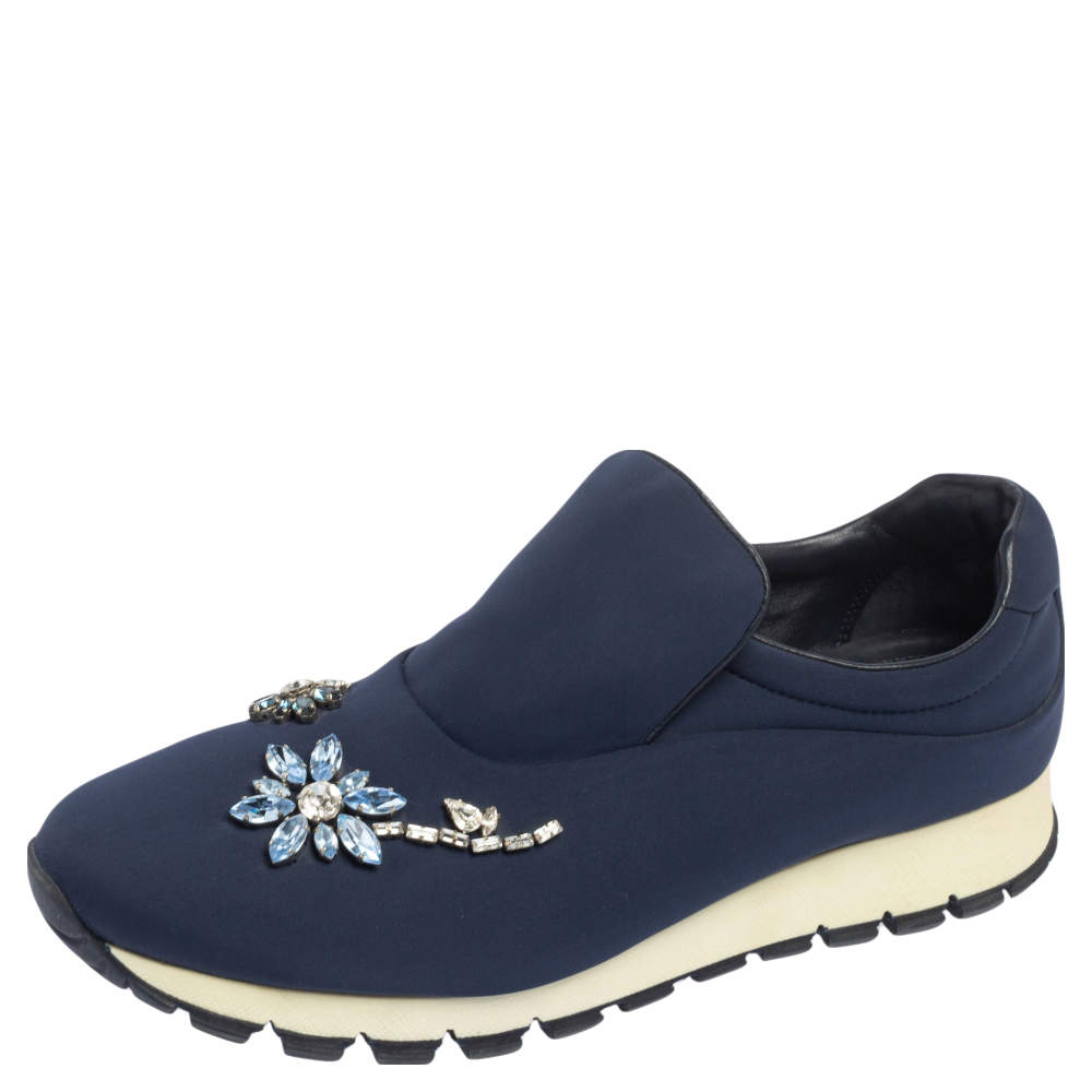 Pre Owned Prada Blue Nylon Catch Me If You Can Crystal Embellished Slip On Sneakers Size 39