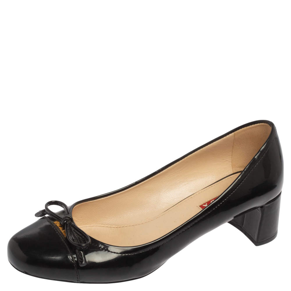 Pre Owned Prada Sport Black Patent Leather Bow Block Heel Pumps Size 36.5